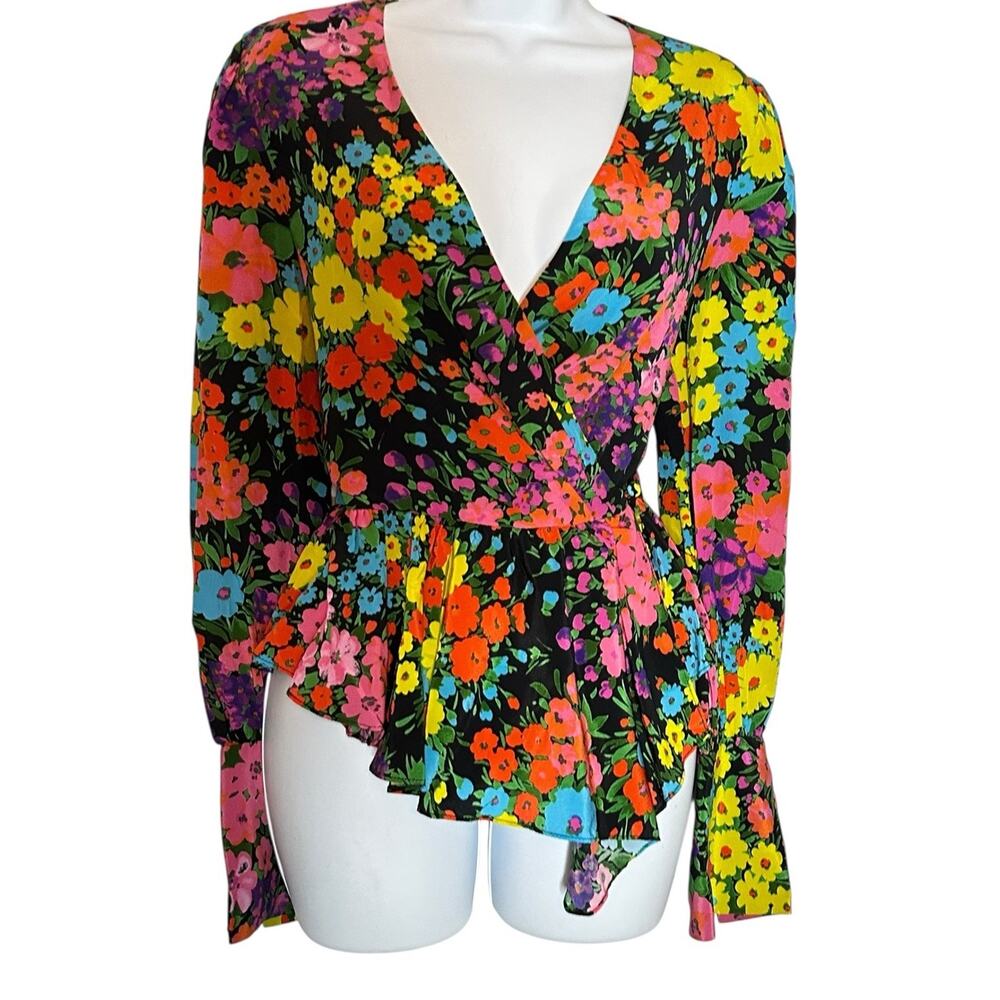 LES RÊVERIES Silk Floral Wrap Peplum Bishop Long Sleeve Blouse Coquette Career 4